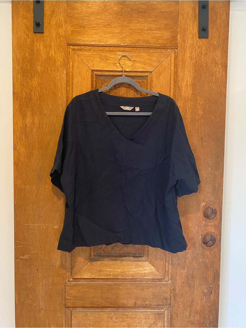 Motto linen blend v-neck short sleeve top navy blue 1x